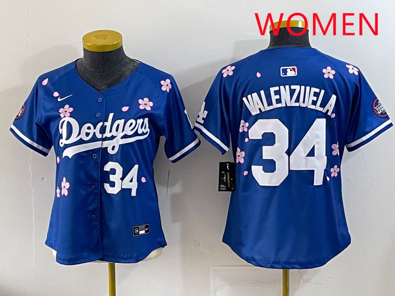 Women Los Angeles Dodgers #34 Valenzuela Blue Sakura Edition 2025 Nike MLB Jersey style 33->new york yankees->MLB Jersey